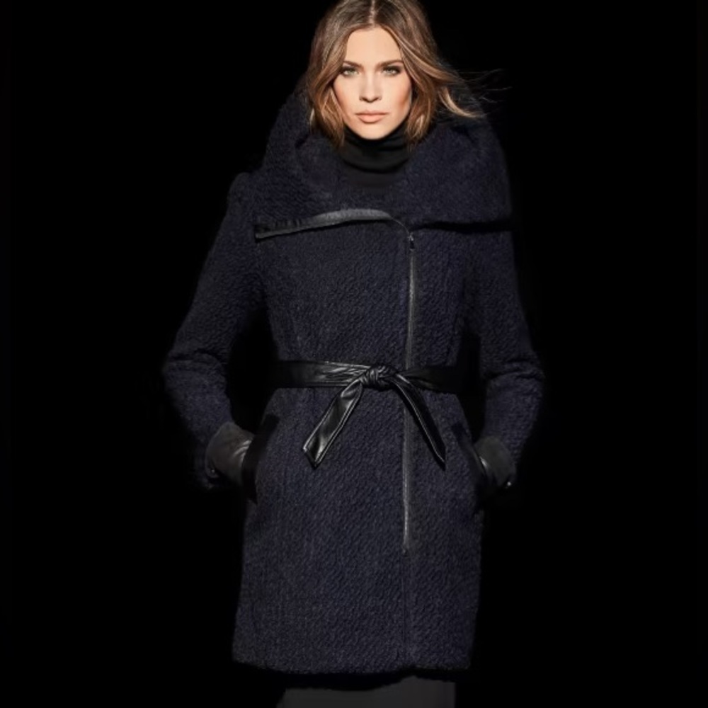 COLE HAAN SIGNATURE Blue & Black Faux Leather Wool Boucle Winter Coat Size 4